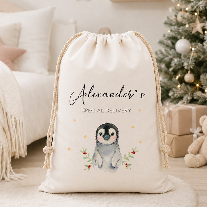 Personalised Little Penguin My First Christmas Canvas Santa Sack