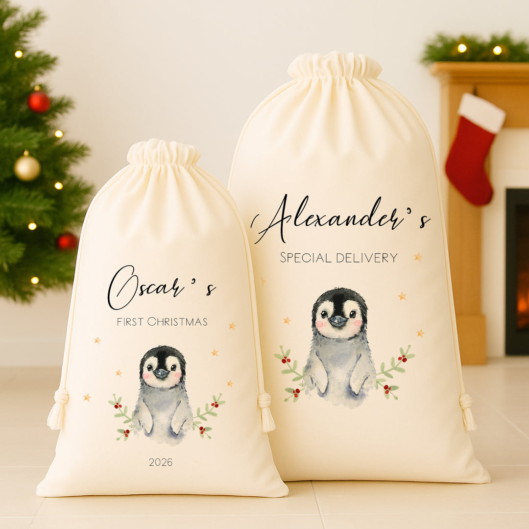 Personalised Little Penguin My First Christmas Canvas Santa Sack