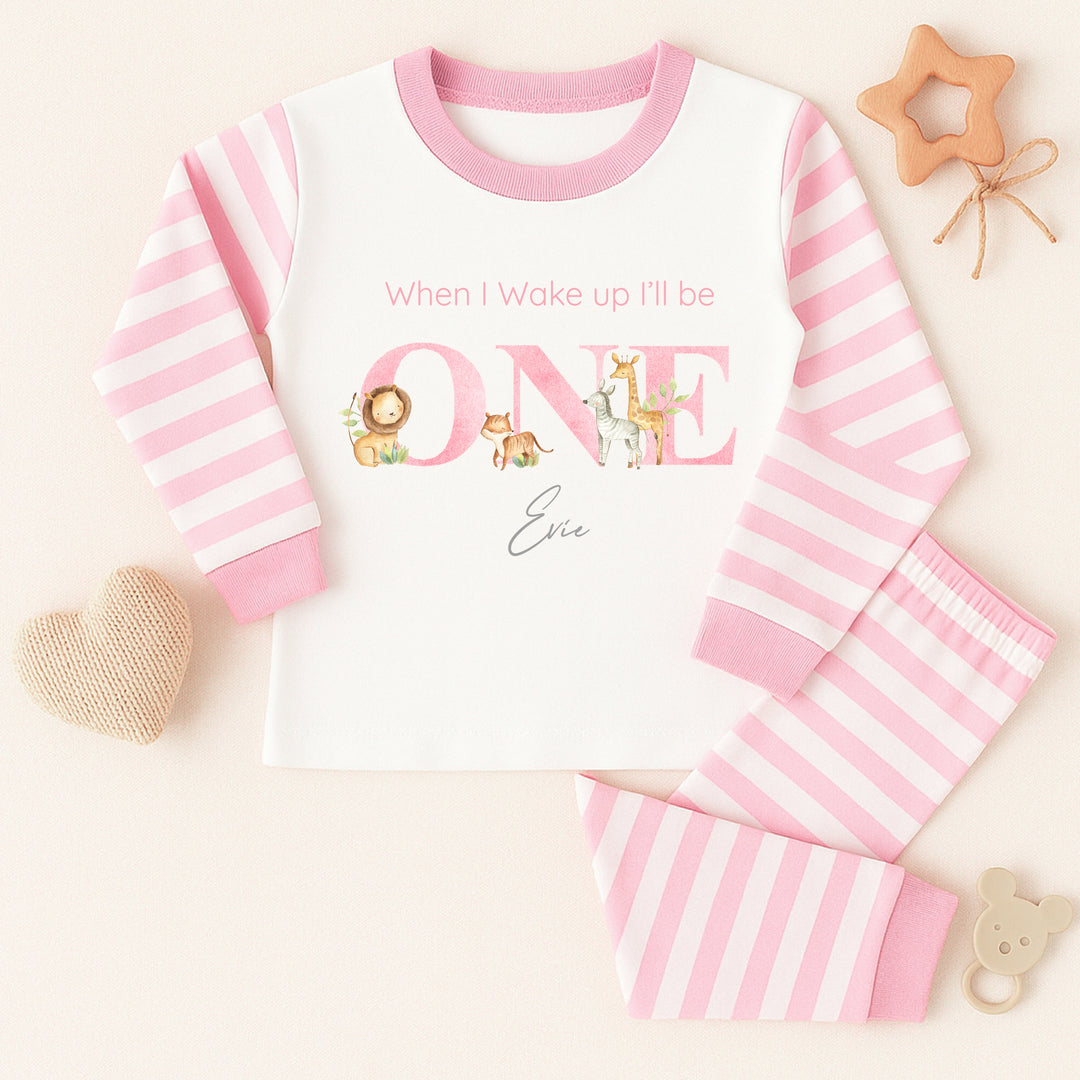 Personalised Jungle Pink Stripe Birthday Pyjamas