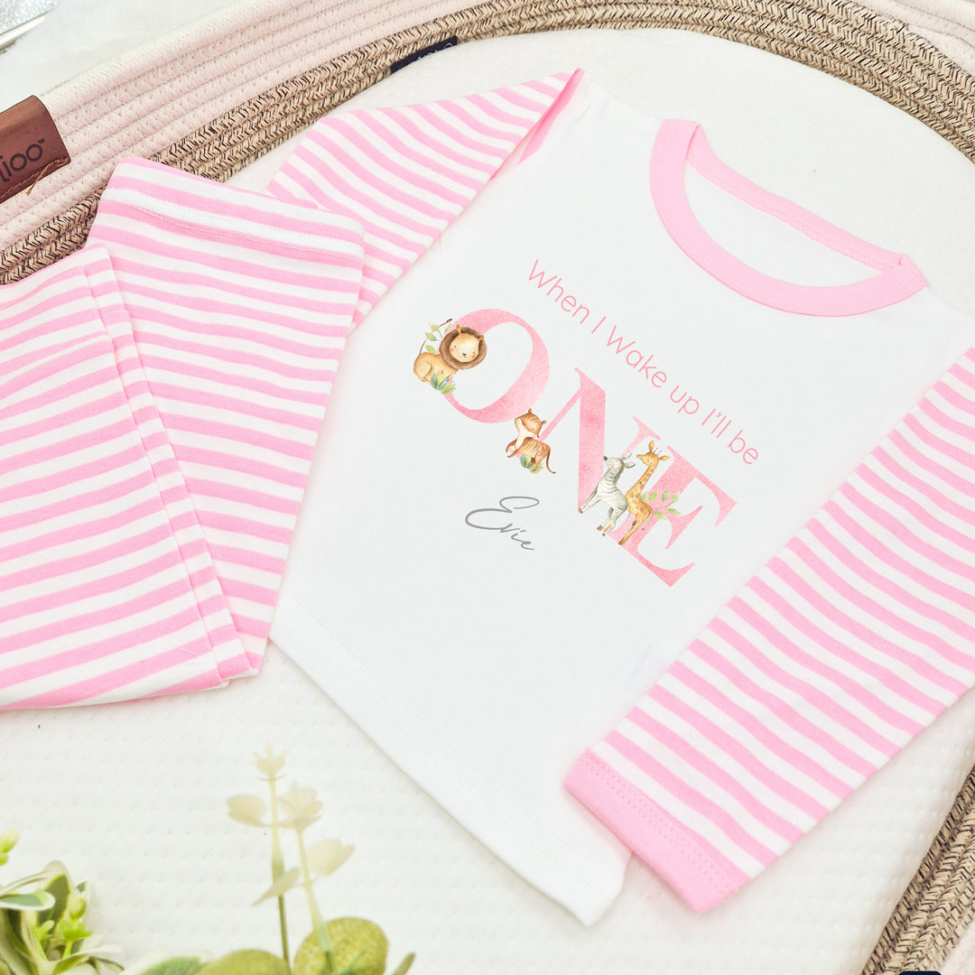Personalised Jungle Pink Stripe Birthday Pyjamas