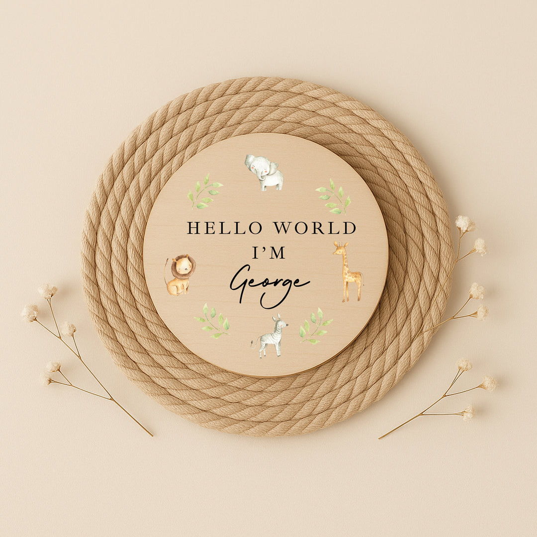 Personalised Safari Animals Wooden Announcement Plaque