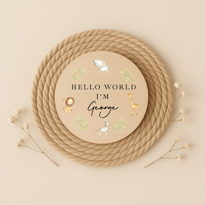 Personalised Safari Animals Wooden Announcement Plaque
