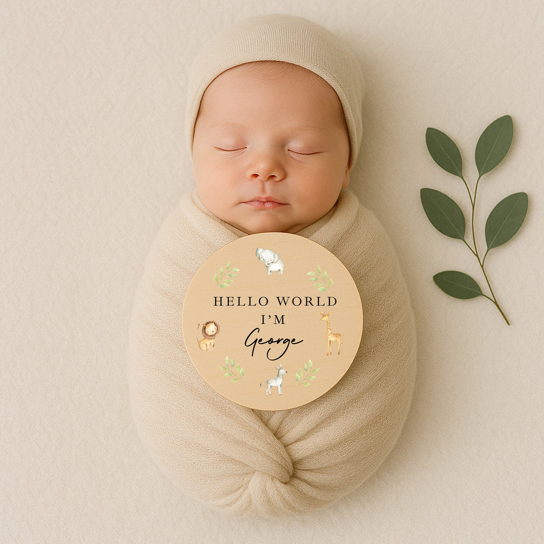 Personalised Safari Animals Wooden Announcement Plaque