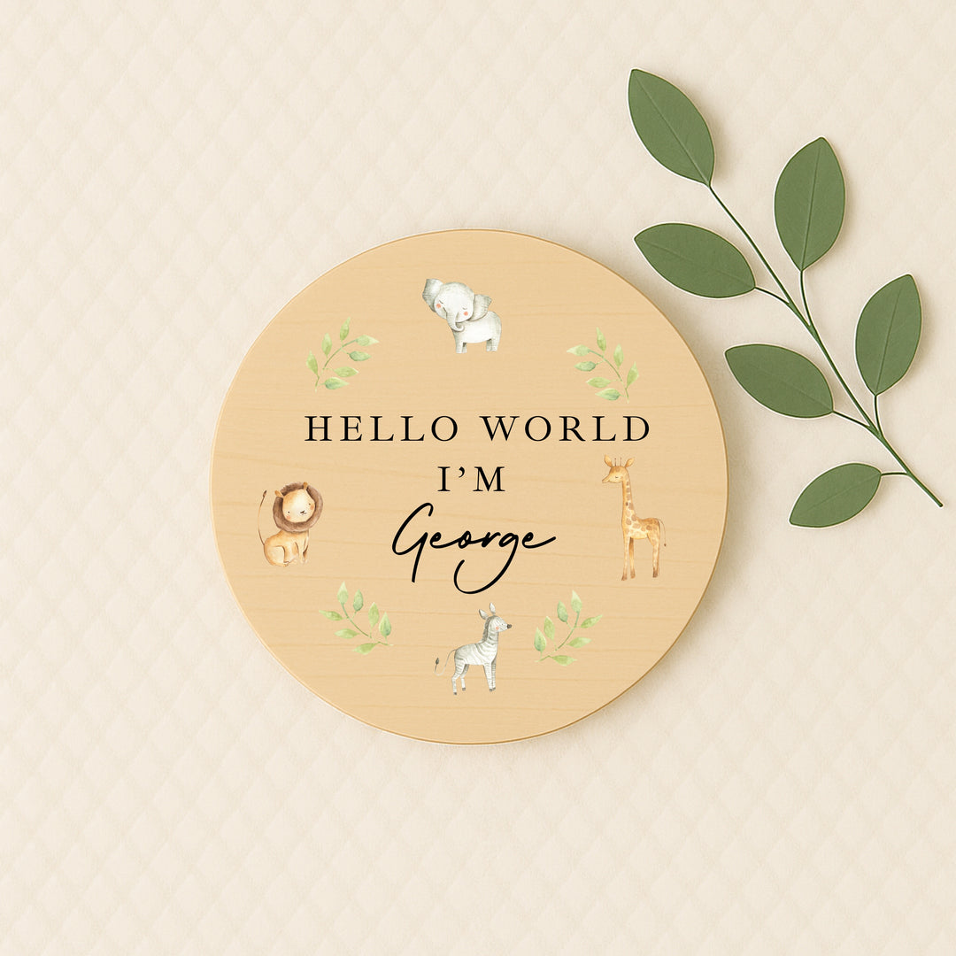 Personalised Safari Animals Wooden Announcement Plaque
