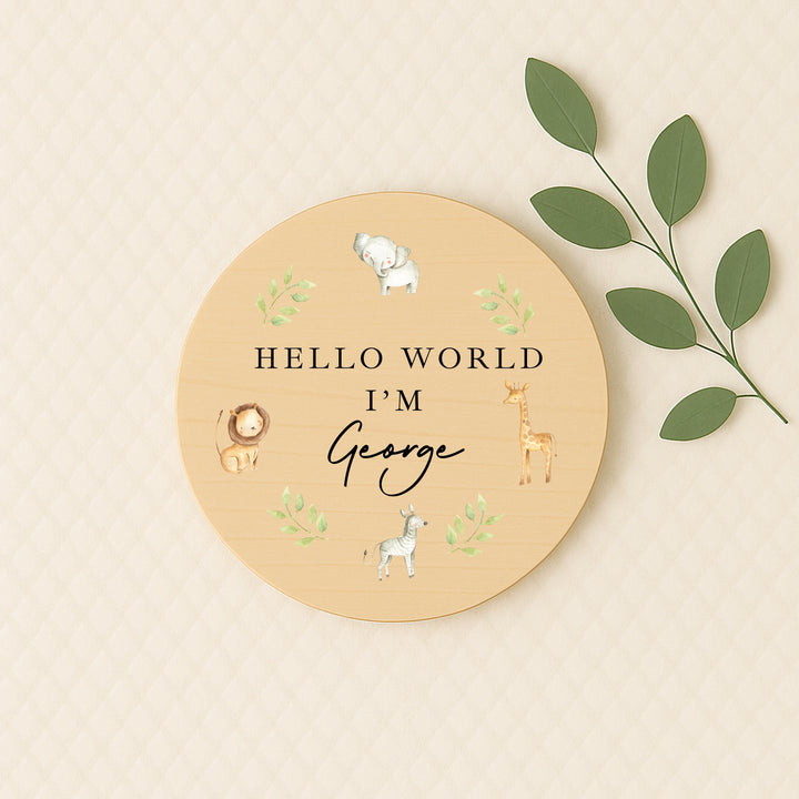 Personalised Safari Animals Wooden Announcement Plaque