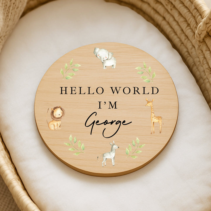 Personalised Safari Animals Wooden Announcement Plaque
