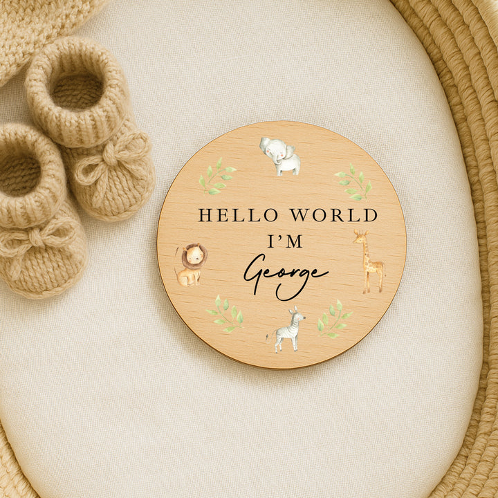 Personalised Safari Animals Wooden Announcement Plaque
