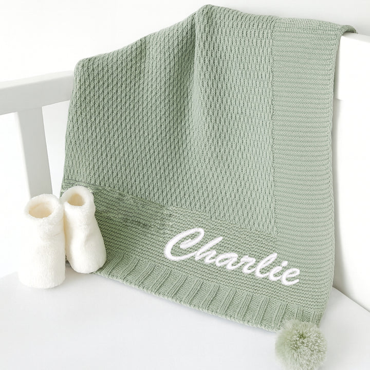 Personalised Sage Embroidered Knitted Baby Blanket