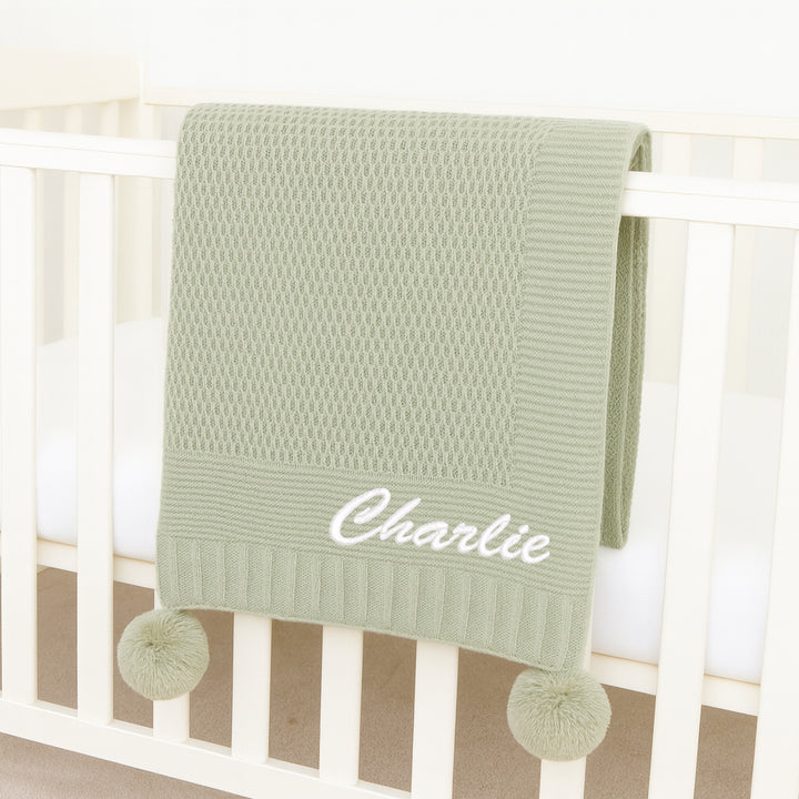 Personalised Sage Embroidered Knitted Baby Blanket