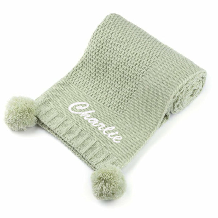 Personalised Sage Embroidered Knitted Baby Blanket