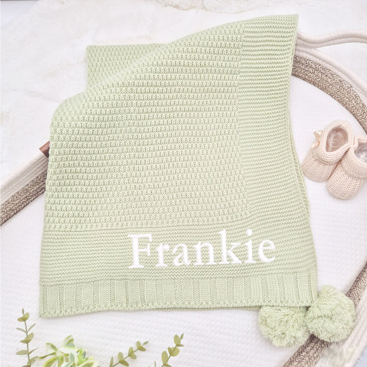 Personalised Sage Embroidered Knitted Baby Blanket