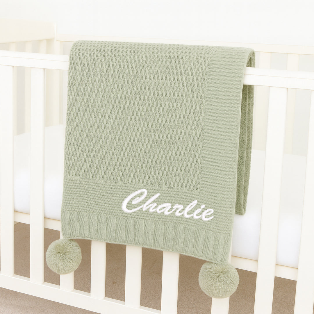 Personalised Sage Embroidered Knitted Baby Blanket