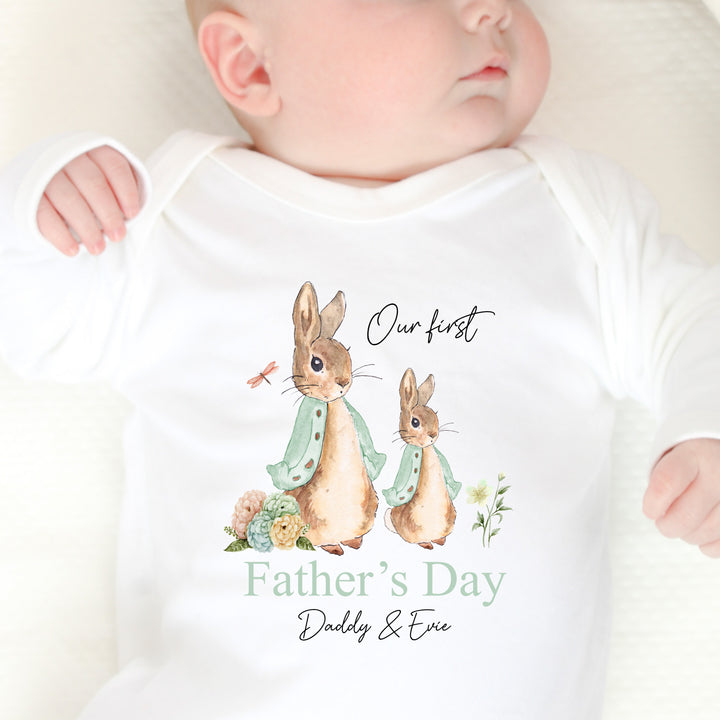 Personalised Our First Father's Day Sage Bunnies Babygrow/Vest