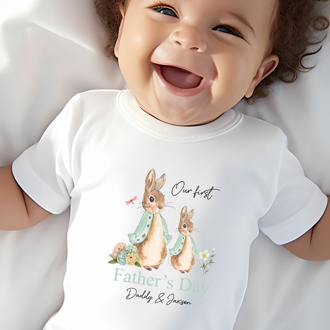 Personalised Our First Father's Day Sage Bunnies Babygrow/Vest