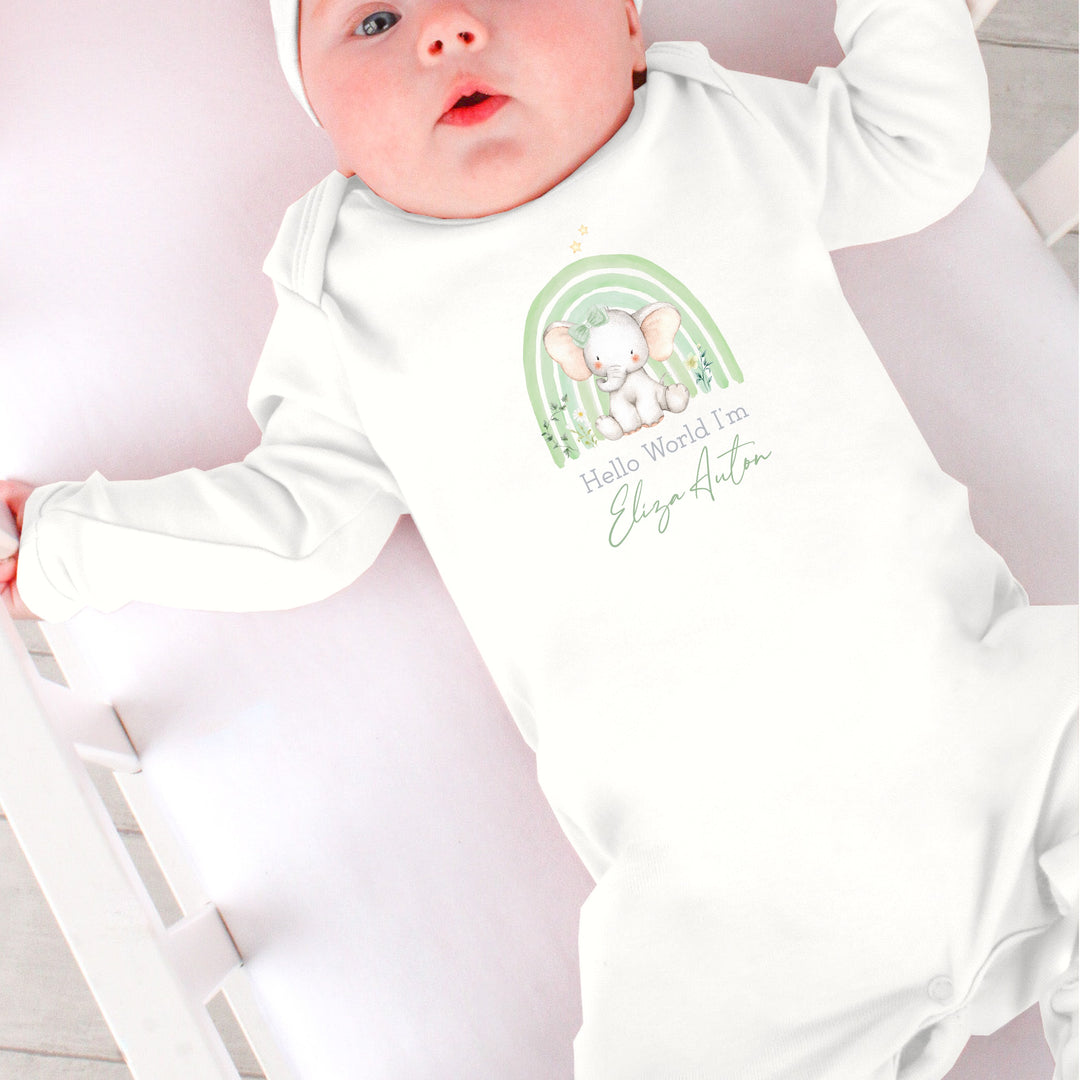 Personalised Green Rainbow Hello World Babygrow/Vest