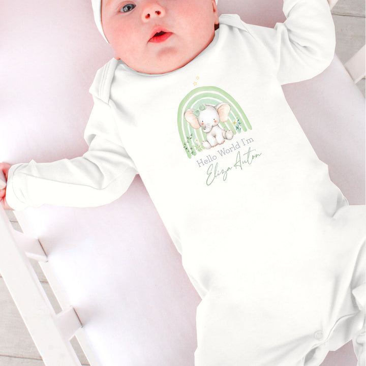 Personalised Green Rainbow Hello World Babygrow/Vest