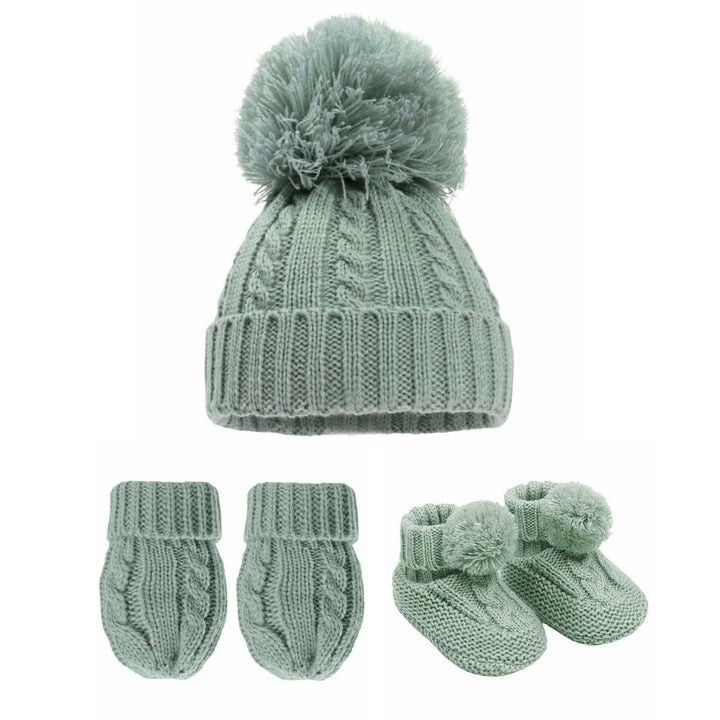 Sage Green Winter Mittens, Booties and Hat Set