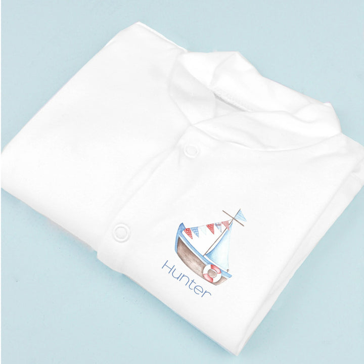 Personalised Sail Boat Popper White Babygrow