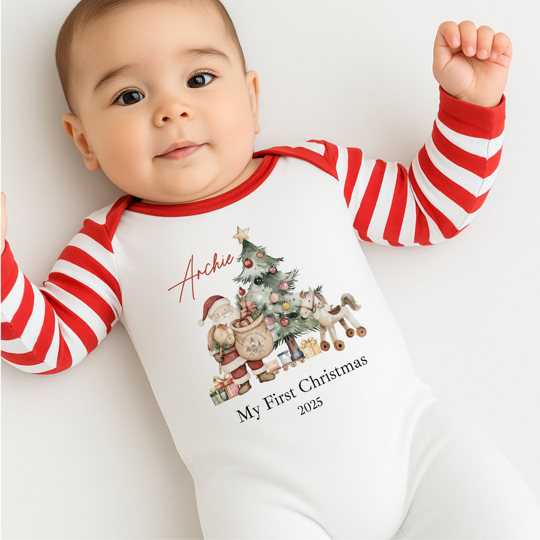 Personalised Santa & Co Sibling Matching Red Stripe Christmas Babygrow/Pyjamas