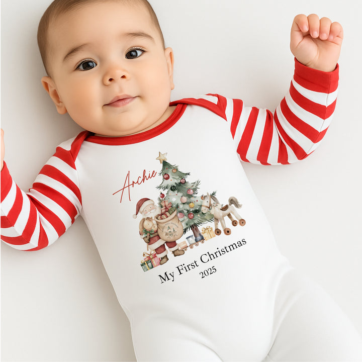 Personalised Santa & Co Sibling Matching Red Stripe Christmas Babygrow/Pyjamas