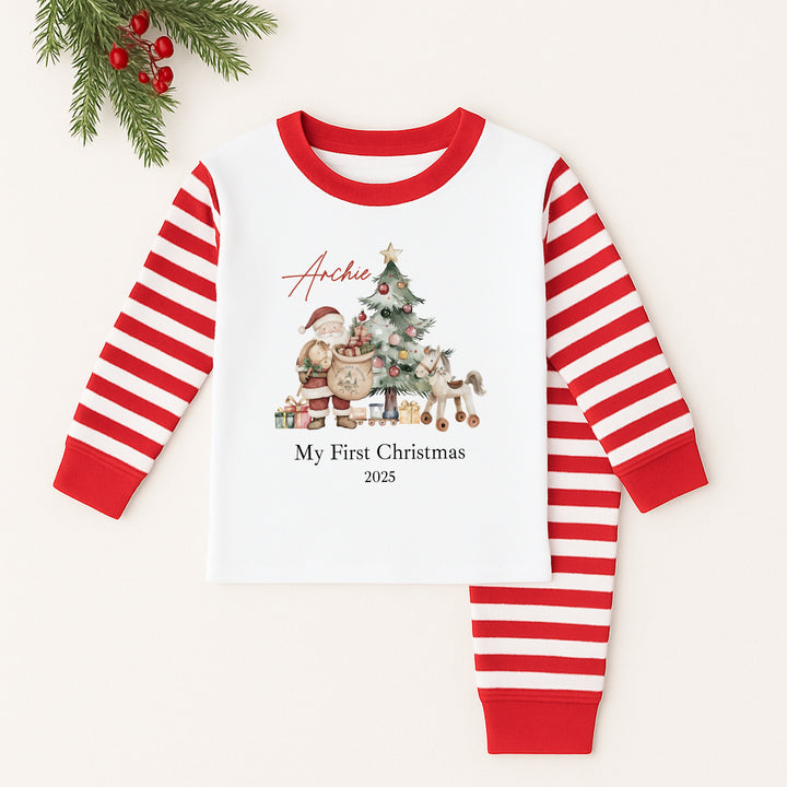 Personalised Santa & Co Sibling Matching Red Stripe Christmas Babygrow/Pyjamas