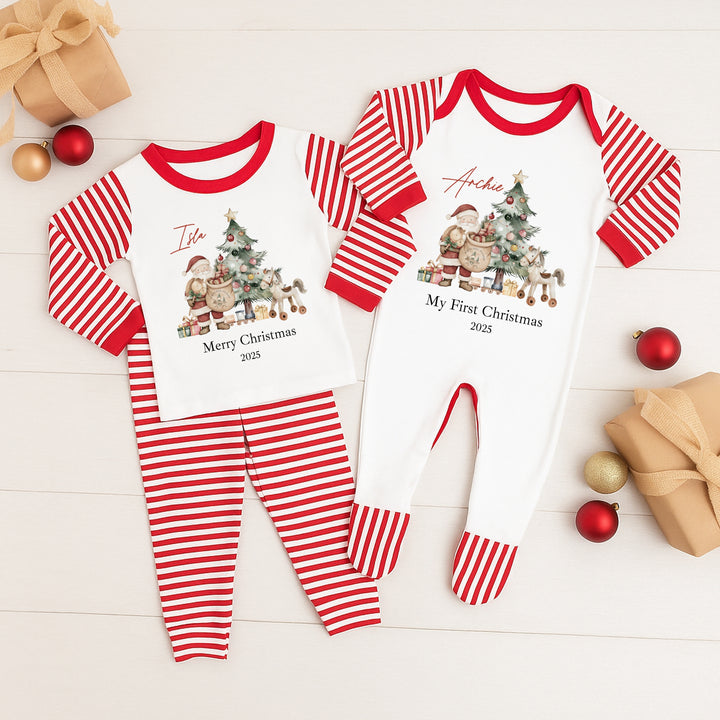 Personalised Santa & Co Sibling Matching Red Stripe Christmas Babygrow/Pyjamas