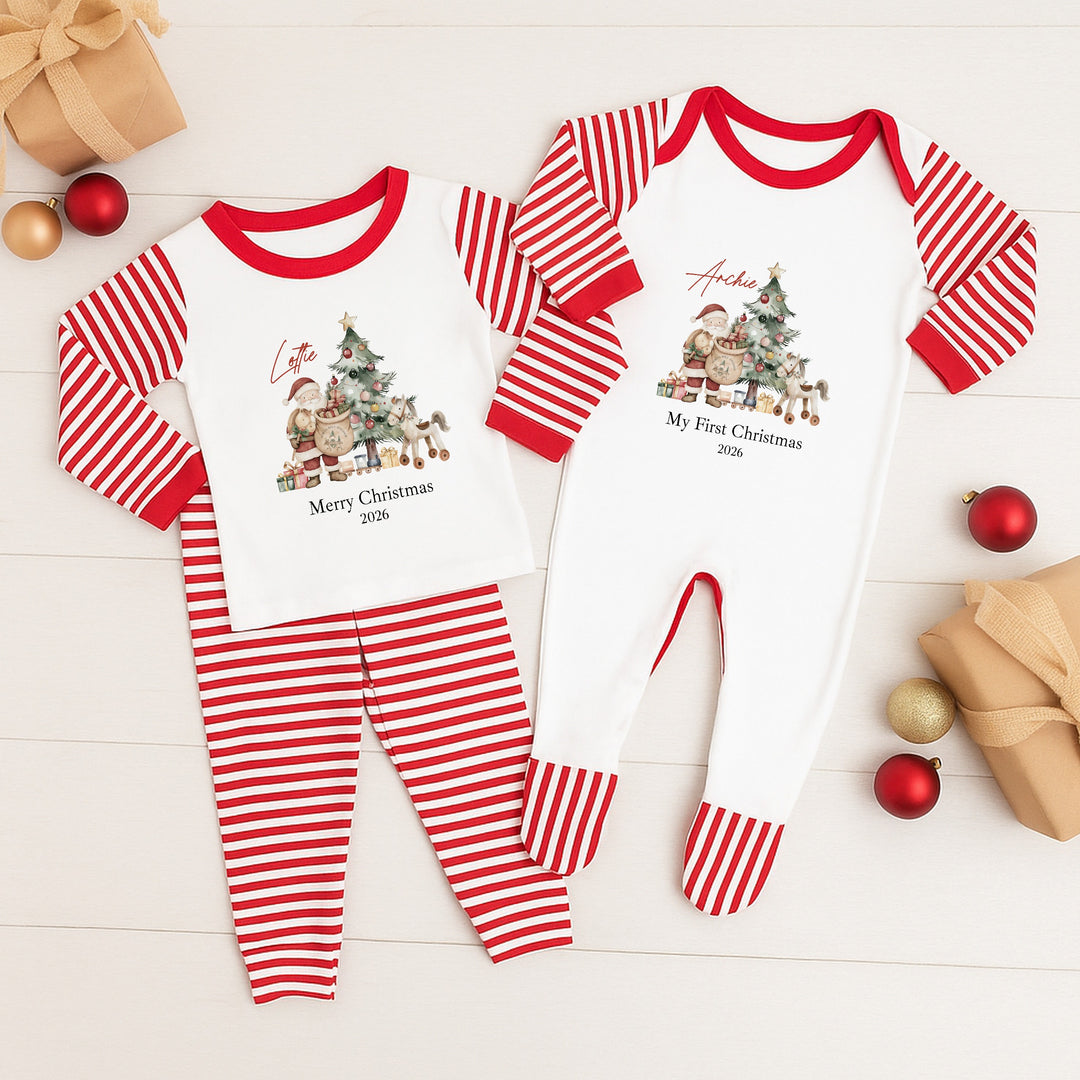 Personalised Santa &amp; Co Sibling Matching Christmas Pyjamas or Baby Grow