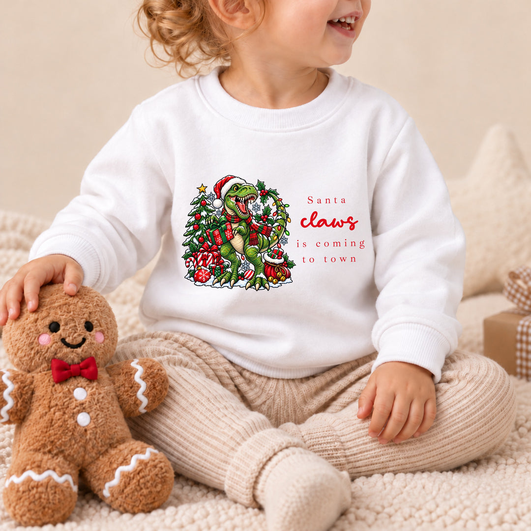 Kids Dinosaur Santa Claws Is Coming to Town Christmas Jumper