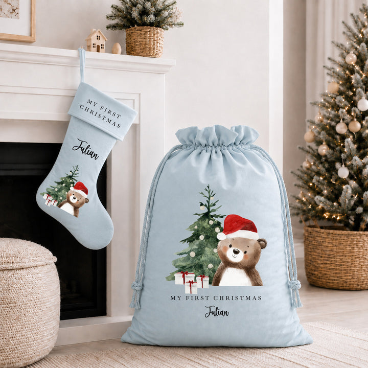 Personalised Brown Bear My First Christmas Santa Sack or Stocking