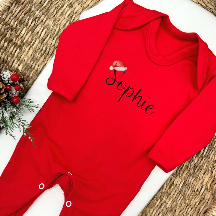 Personalised Name With Santa Hat Red Baby Grow