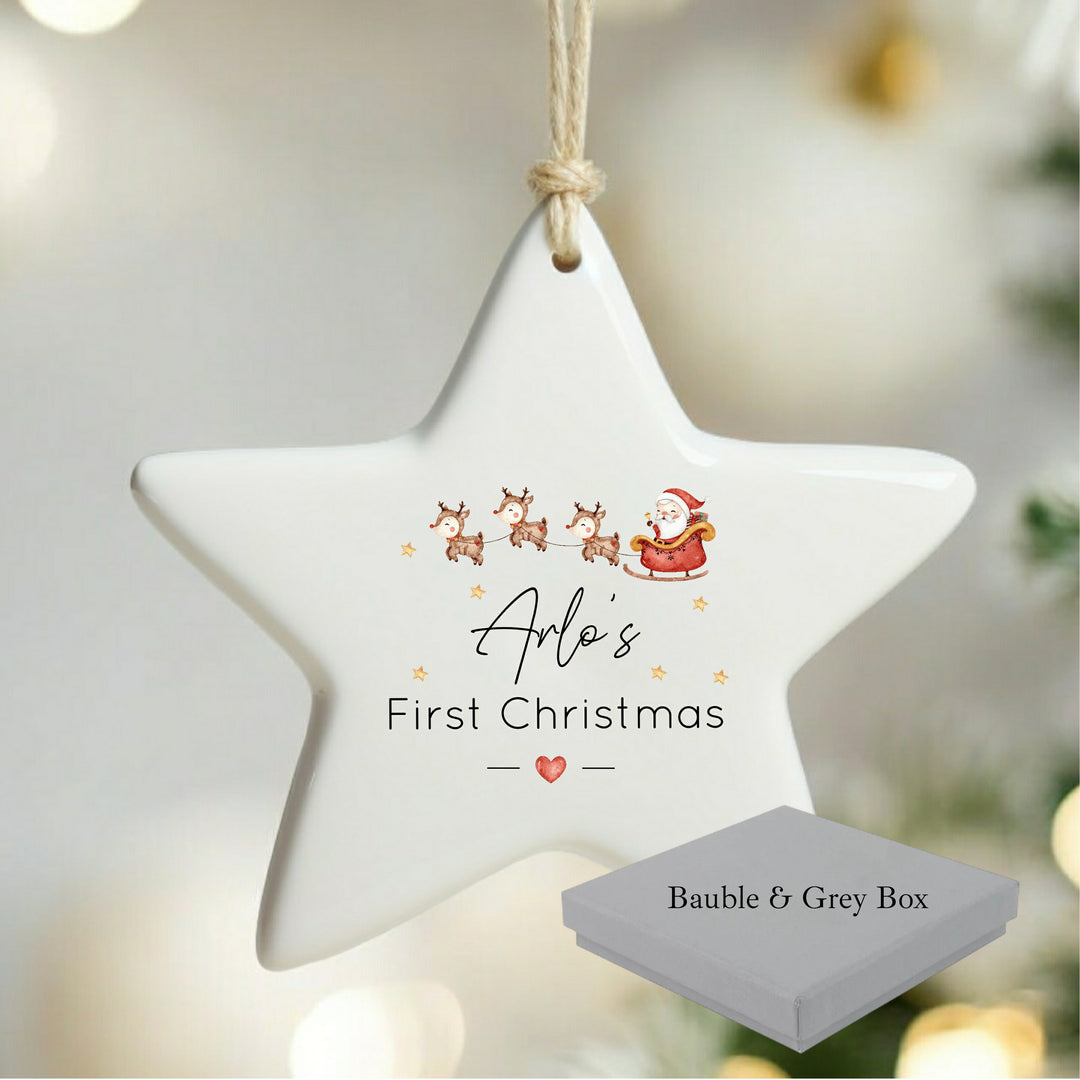 Personalised First Christmas Santa Sleigh Star Bauble