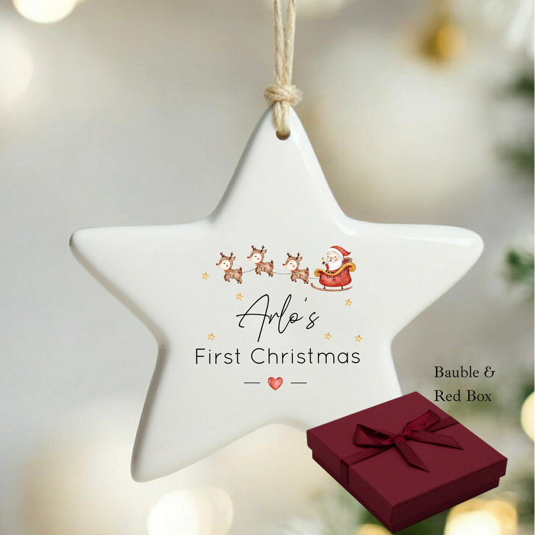 Personalised First Christmas Santa Sleigh Star Bauble