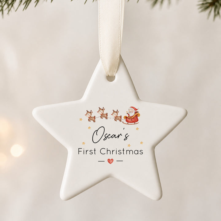 Personalised Santa Sleigh Ceramic My First Christmas Star Bauble