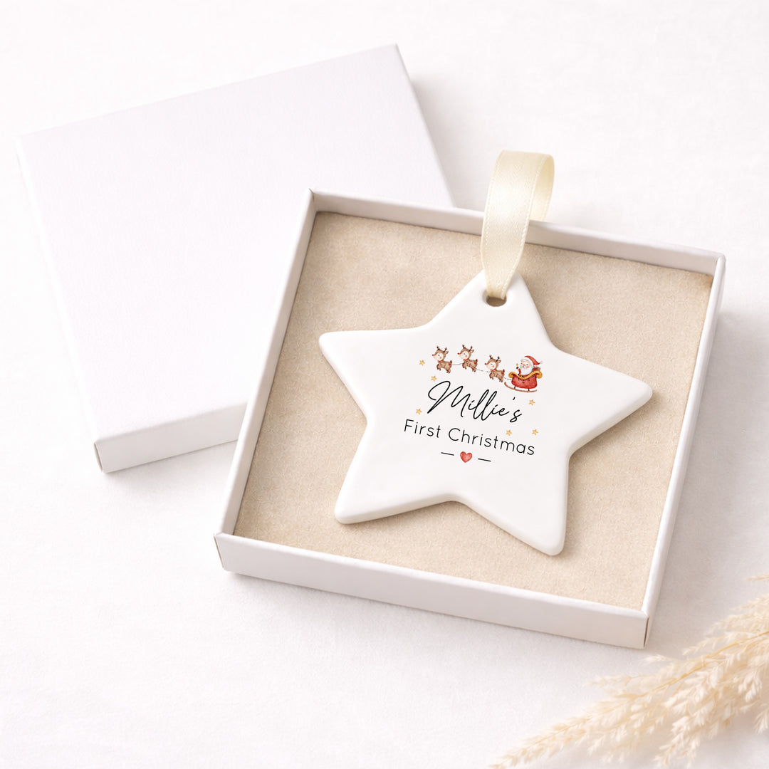 Personalised Santa Sleigh Ceramic My First Christmas Star Bauble