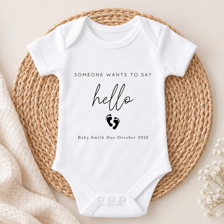 Personalised Someone Wants to Say Hello Baby Announcement Vest