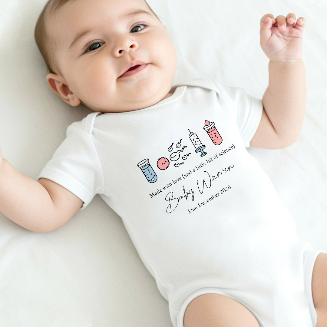 Personalised Made With Love And Science IVF Baby Announcement Vest