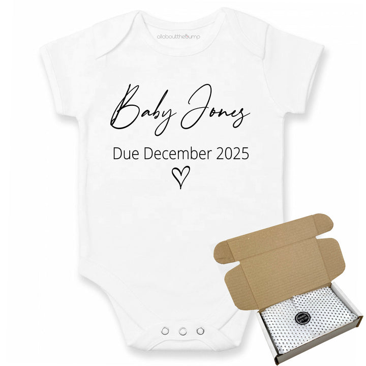 This baby announcement vest can be brought in a box lined with tissue paper