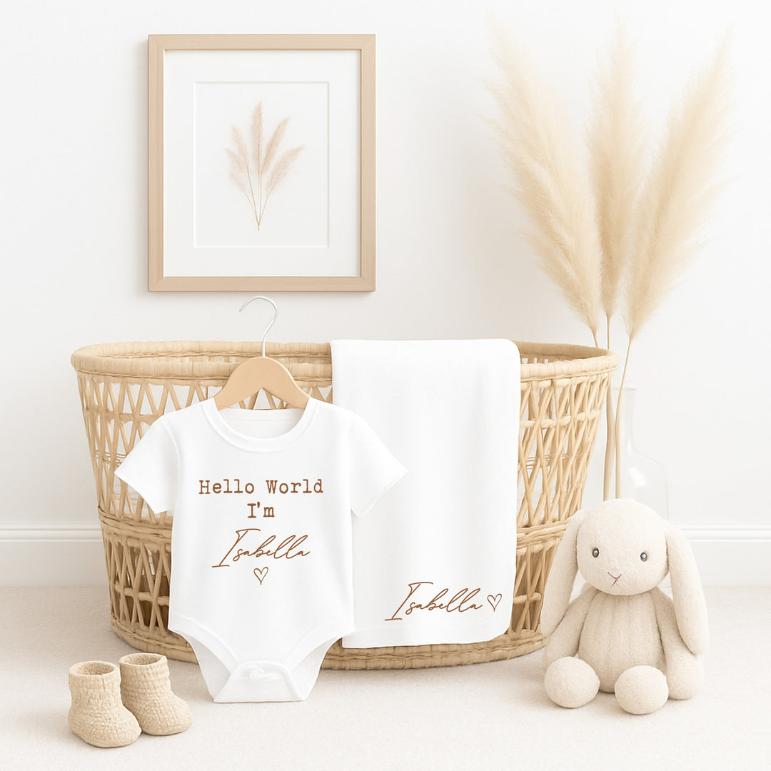 Personalied Beige Hello World Baby Vest &amp; Blanket Gift Set