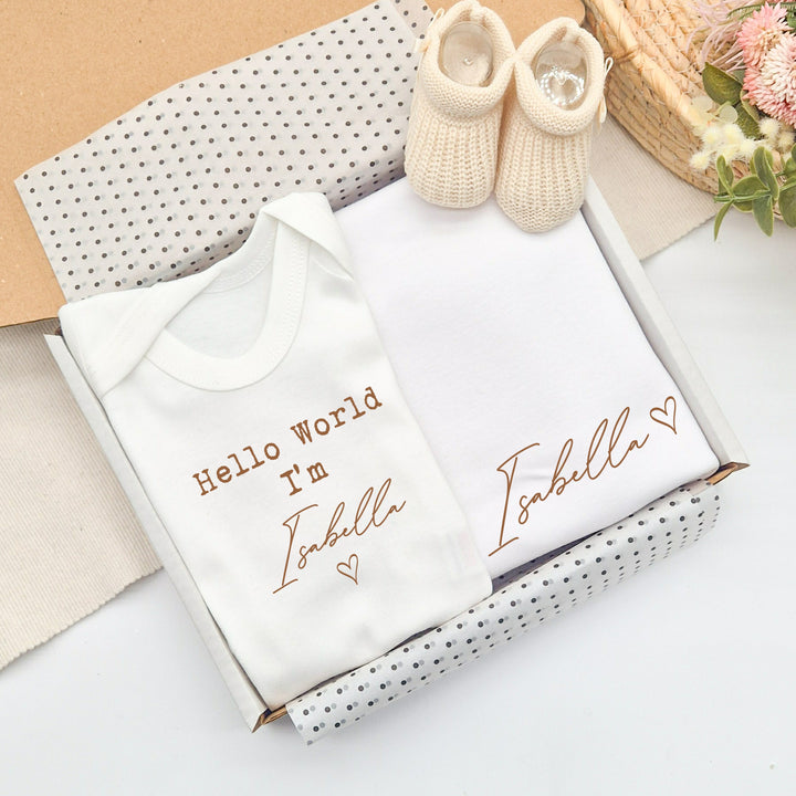 Personalied Beige Hello World Baby Vest &amp; Blanket Gift Set