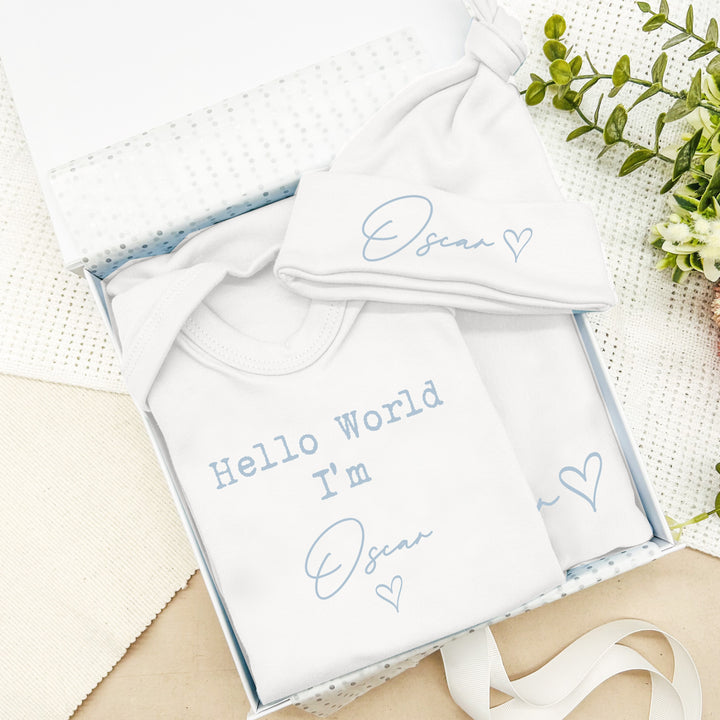 Personalised Boys Baby Script Name Clothing Optional Hamper Gift Set