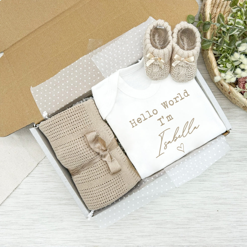 Personalised Unisex Beige Hello World Clothing Hamper Sets