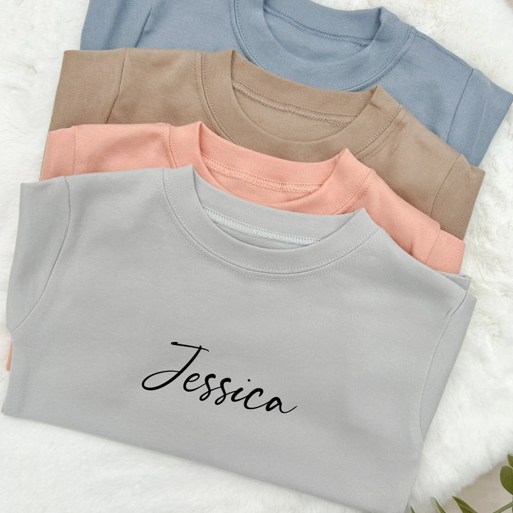 Script Name T-shirt | Peach Blue Brown Grey