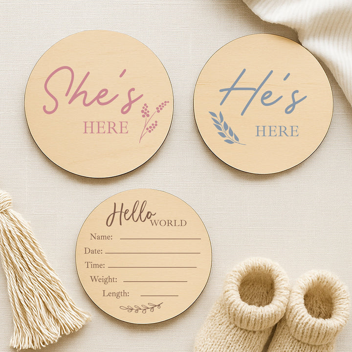 She/He's Here Announcement Wooden Plaque Set
