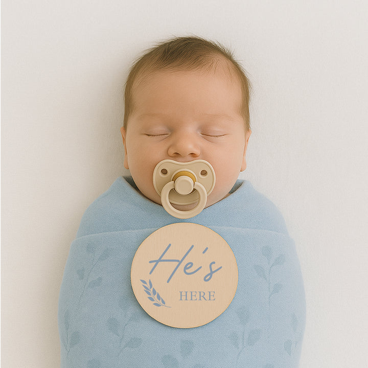 She/He's Here Announcement Wooden Plaque Set