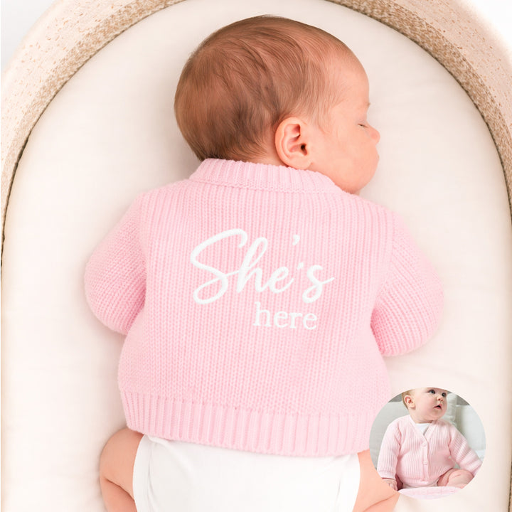 Embroidered She's Here Script Knitted Cardigan