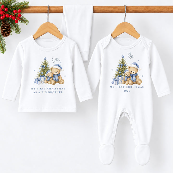 Personalised Blue Bears Tree Sibling Matching Pyjamas or Baby Grow