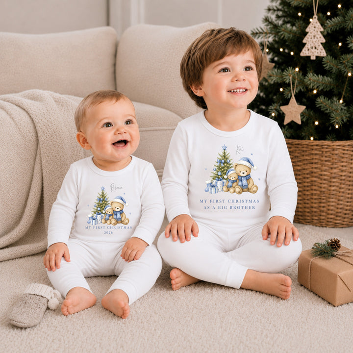 Personalised Blue Bears Tree Sibling Matching Pyjamas or Baby Grow