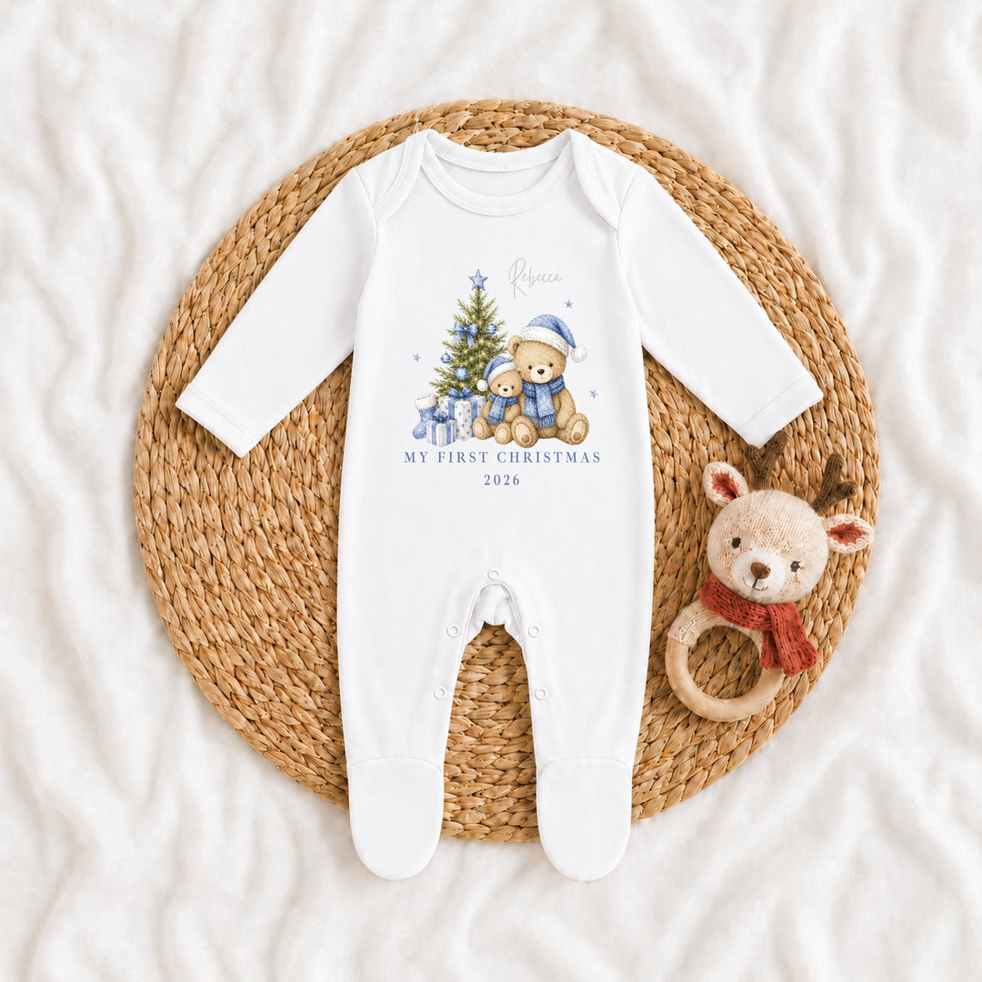 Personalised Blue Bears Tree Sibling Matching Pyjamas or Baby Grow