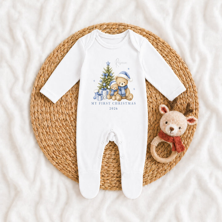 Personalised Blue Bears Tree Sibling Matching Pyjamas or Baby Grow