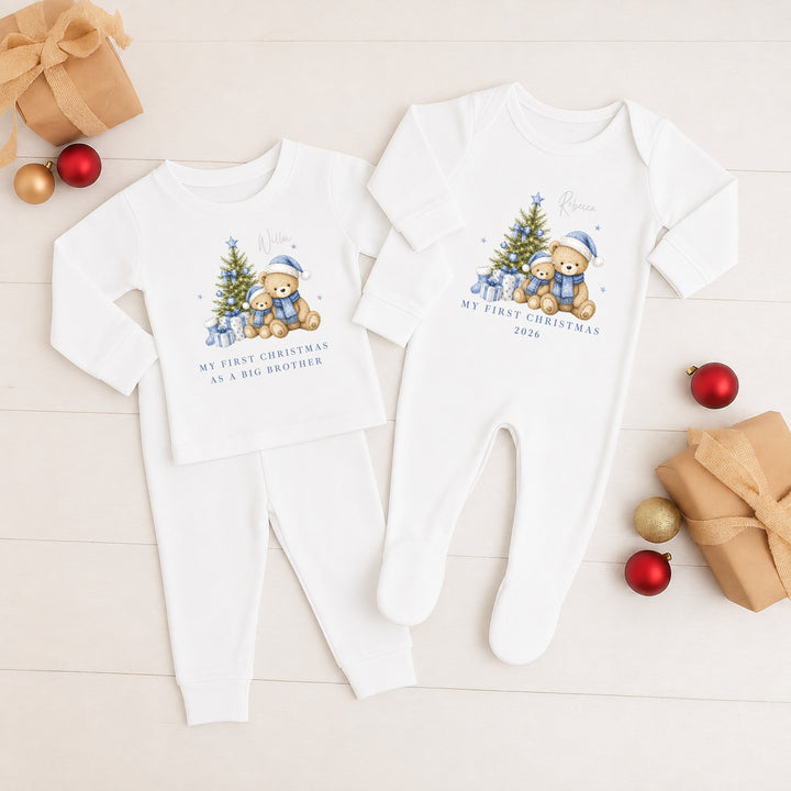 Personalised Blue Bears Tree Sibling Matching Pyjamas or Baby Grow
